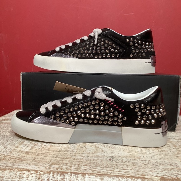 SHU SHOP NWT Sz 8 Ruby Studded Black Tie Sneakers Round Toes White Rubber Soles - Picture 7 of 13